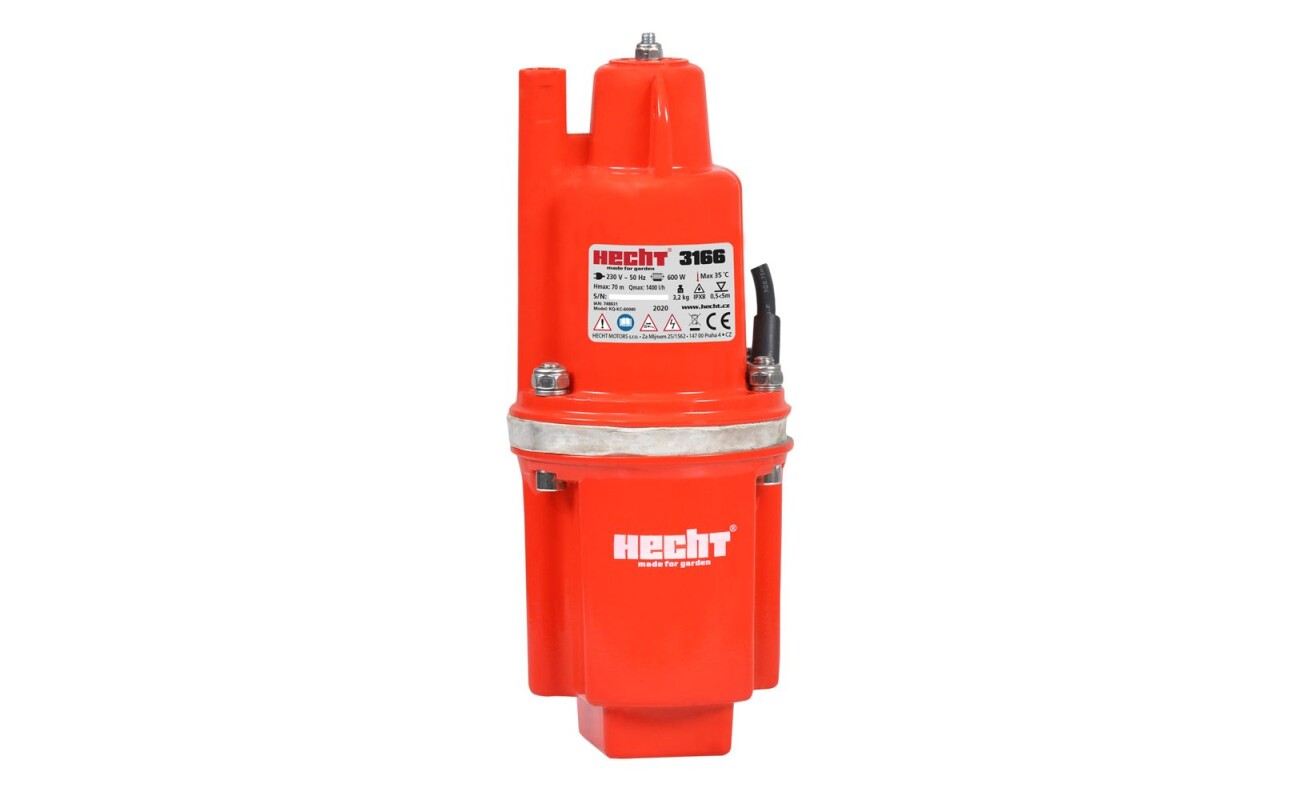 Vibration drowned pump with a transfer volume of 1400 l/hr. Max. discharge 70 m. Power input 600 W. Cable length 10 m. 3/4" flange.