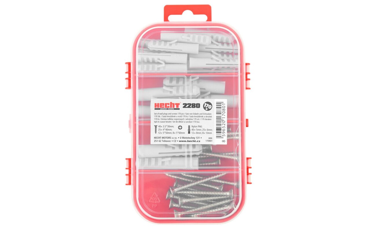 Practical set of 170 wall plugs and screws for wide use in assembly