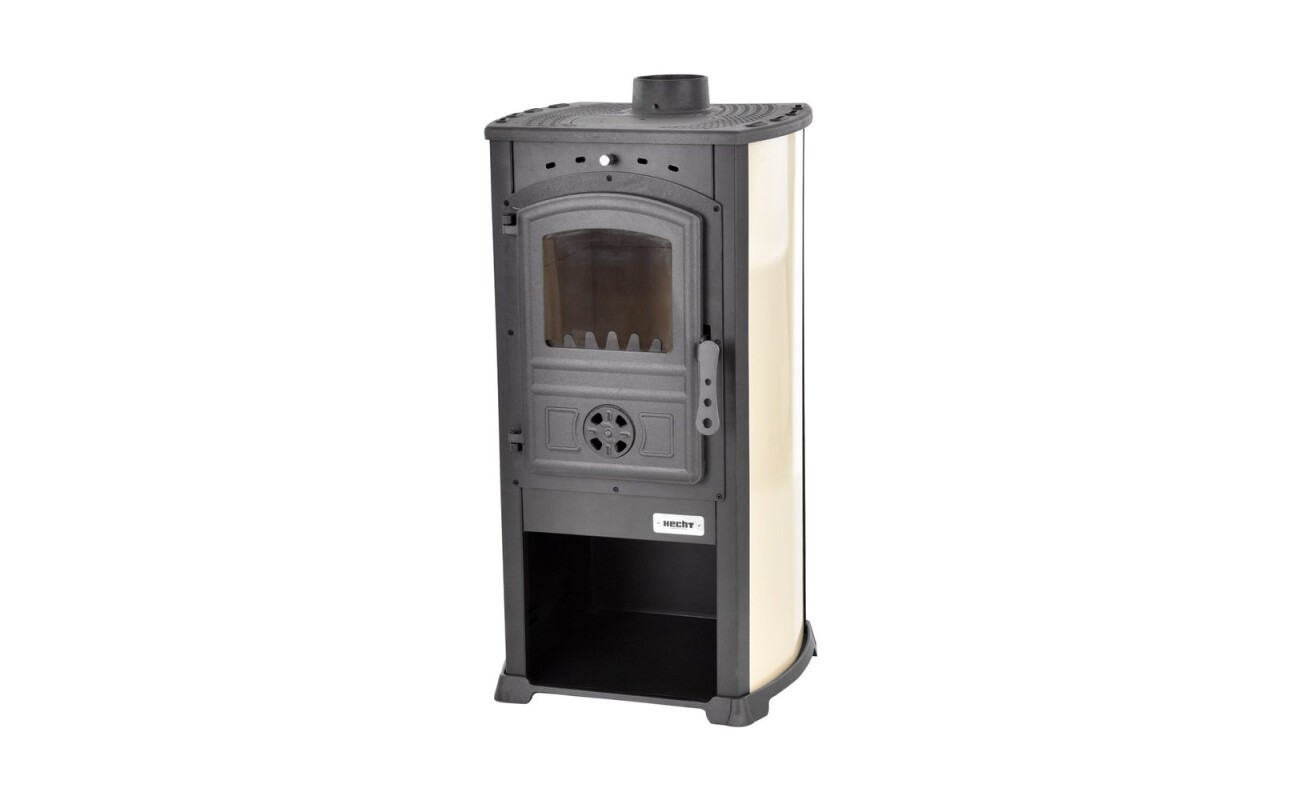 Steel wood-burning stove with glass doors. Output 7 - 8 kW. Fireclay lined fireplace