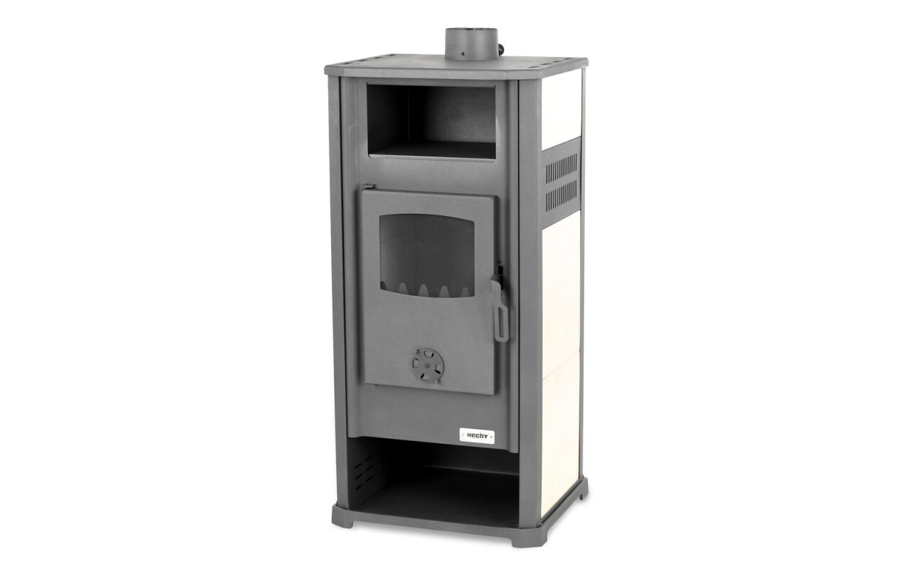 Steel stove with glass door. Power 9 - 10 kW. Fireclay lined fireplace