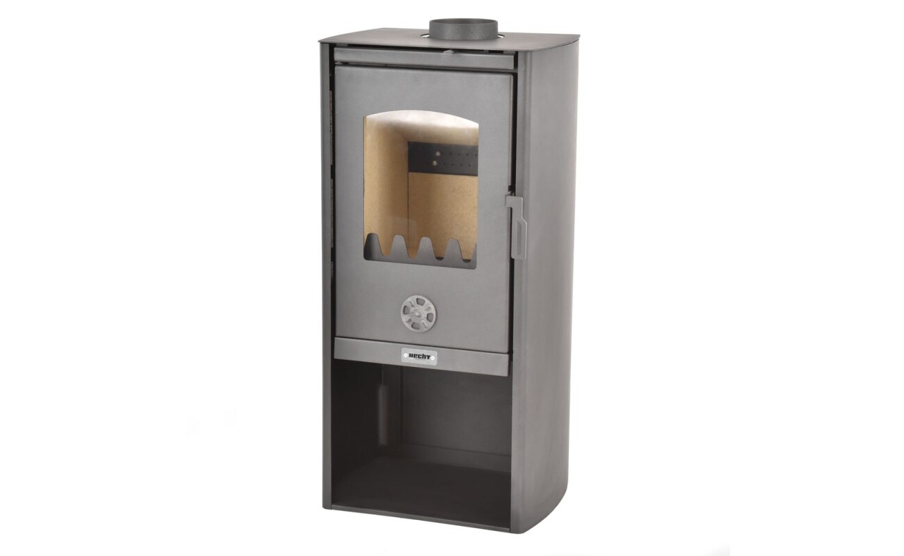 Steel wood-burning stove with refractory glass door and maximum heating capacity of 6-8 kW. Flue pipe 150 mm. Weight 67 kg.