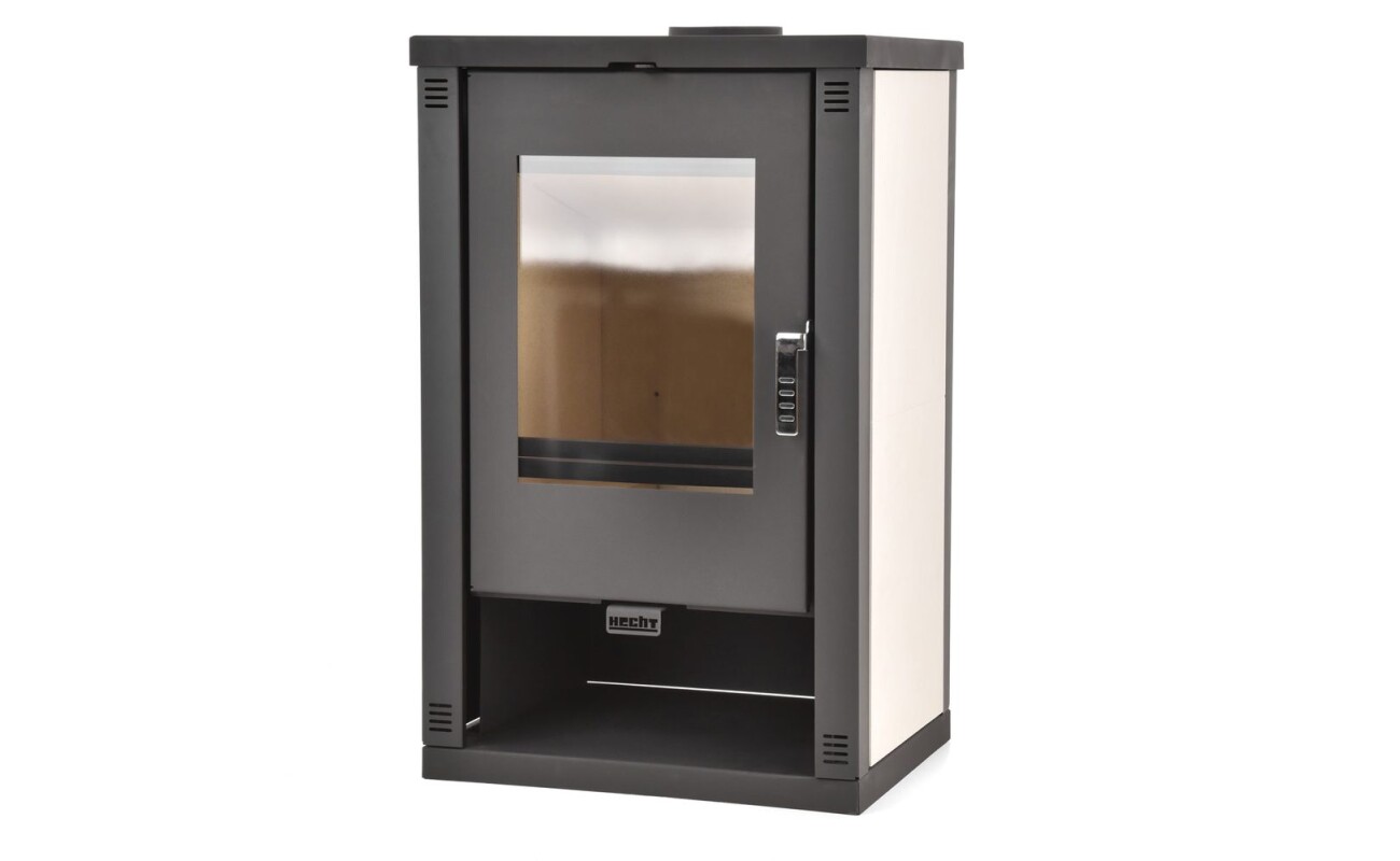Steel wood-burning stove with a glass door made of heat-resistant glass and a heating output of 11 kW. Flue 150 mm. Weight 83 kg. Stone paneling. Made in Europe.