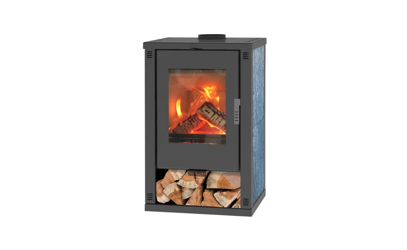 Steel wood-burning stove with a glass door made of heat-resistant glass and a heating output of 11 kW. Flue 150 mm. Weight 83 kg. Stone paneling. Made in Europe.
