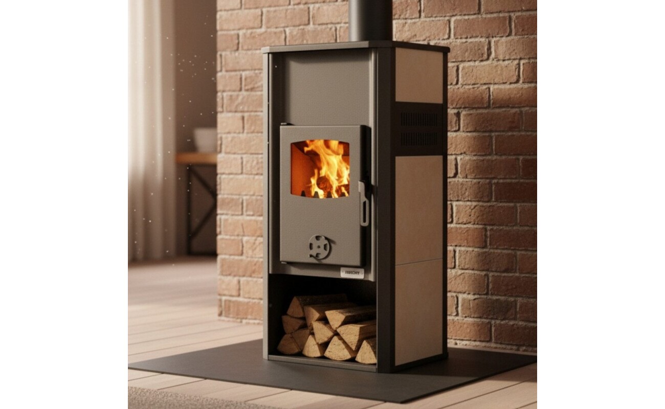 refractory glass door and maximum heating capacity 20-22 kW (for water 15-17 kW). Flue pipe 120 mm. Weight 90 kg.