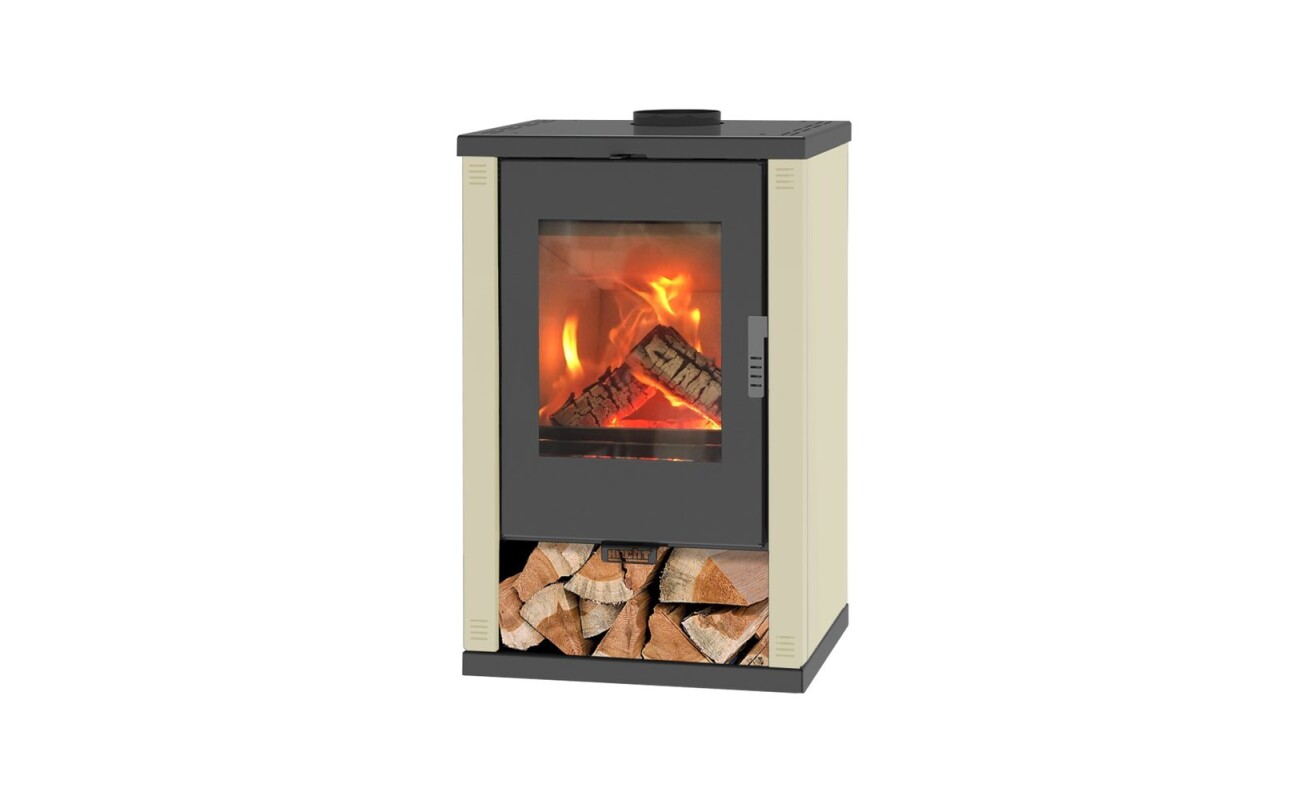 Steel wood-burning stove with a glass door made of heat-resistant glass and a heating output of 11 kW. Flue 150 mm. Weight 83 kg. Made in Europe.