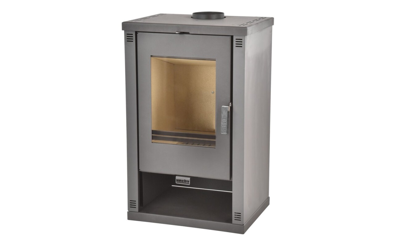 Steel wood-burning stove with a glass door made of heat-resistant glass and a heating output of 11 kW. Flue 150 mm. Weight 83 kg. Made in Europe.