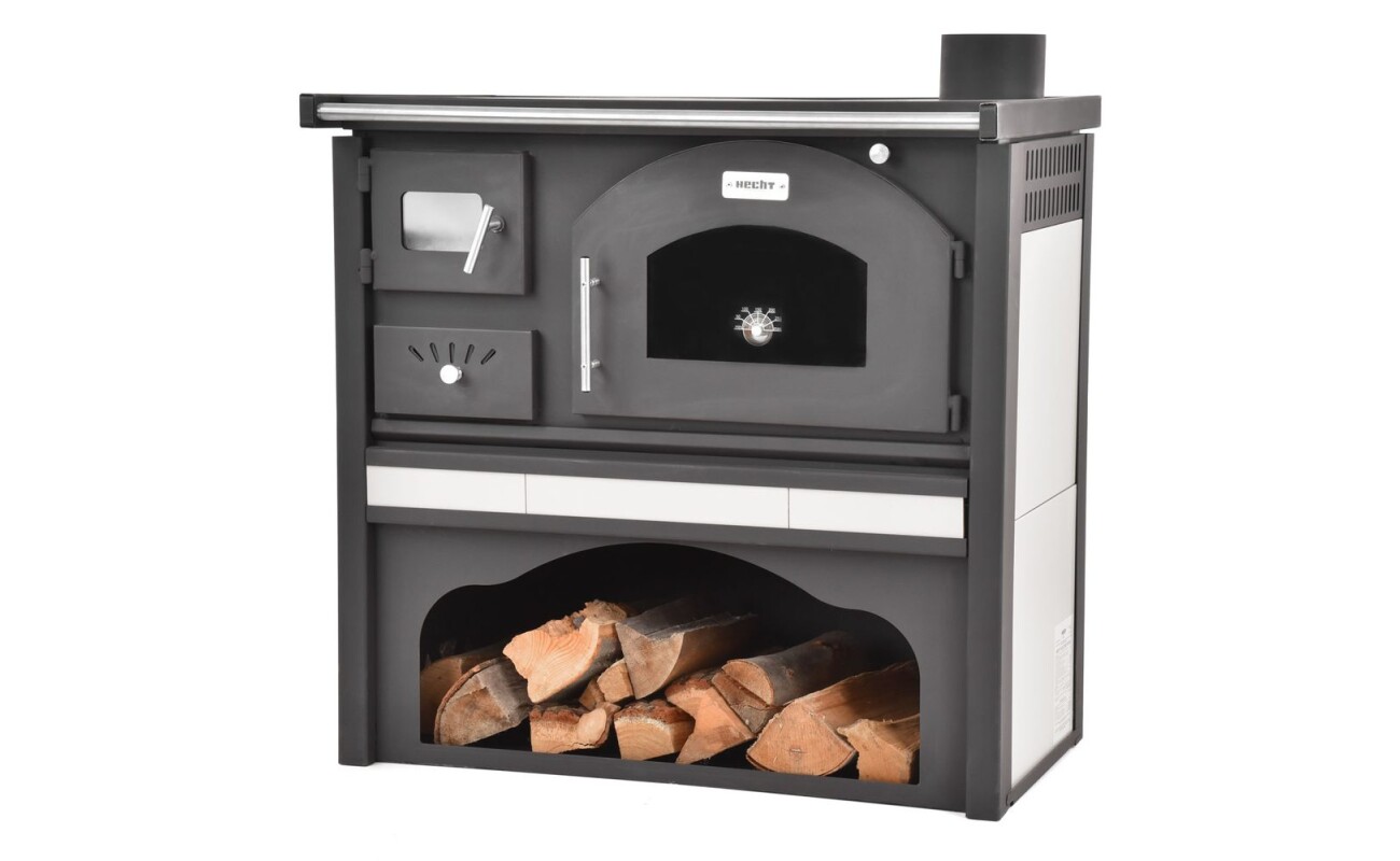 Steel fireplace stove with oven and glass door made of heat-resistant glass. Heating output 6 kW. Flue diameter 130 mm. Weight 65 kg. Made in Europe.