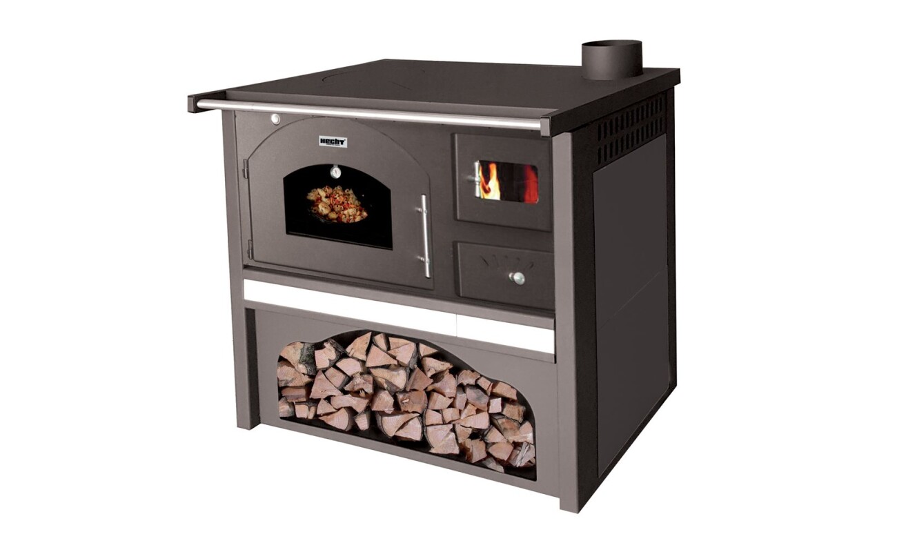 Steel fireplace stove with oven and glass door made of heat-resistant glass. Heating output 6 kW. Flue diameter 130 mm. Weight 65 kg. Made in Europe.