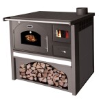 <p>Steel fireplace stove with oven and glass door made of heat-resistant glass. Heating output 6 kW. Flue diameter 130 mm. Weight 65 kg. Made in Europe.</p>